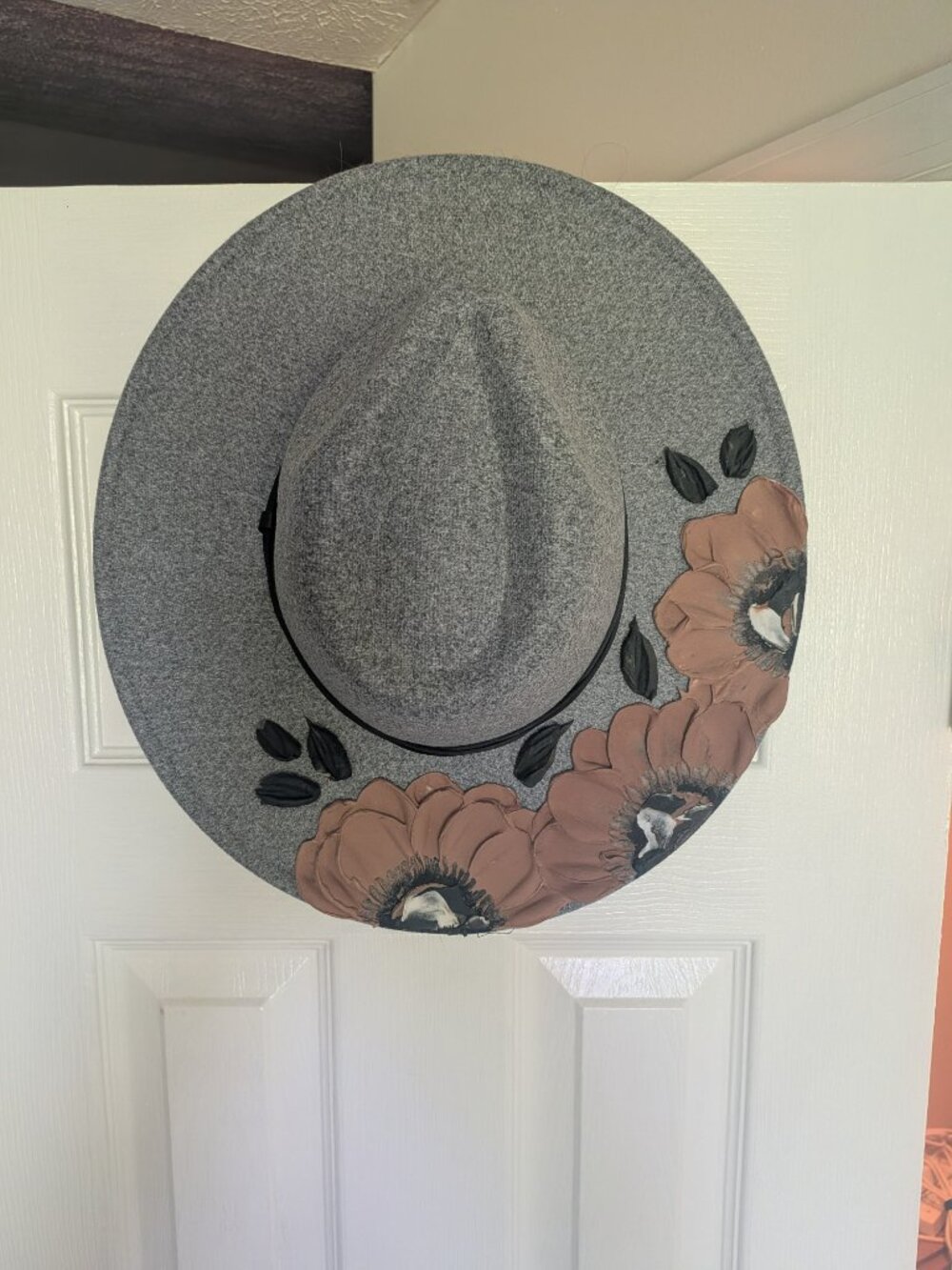 Hand Painted Floral Wide Brim Fedora Hat - Gray & Dusty Rose